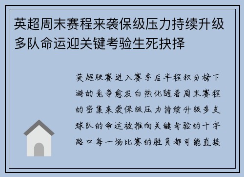 英超周末赛程来袭保级压力持续升级多队命运迎关键考验生死抉择