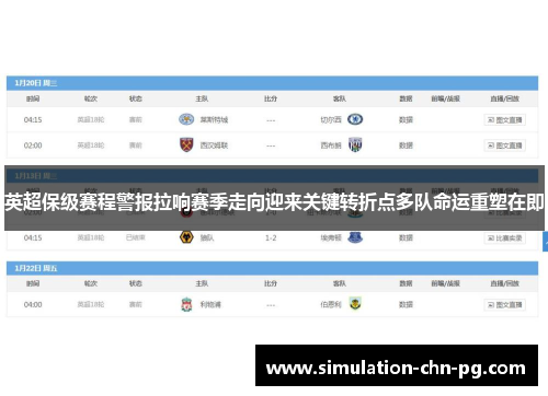 英超保级赛程警报拉响赛季走向迎来关键转折点多队命运重塑在即 英超保级赛程警报拉响赛季走向迎来关键转折点多队命运重塑在即